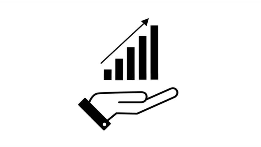 Loopable animation of a hand icon revealing black bar graph that rises and retracts into the palm. Perfect for finance, business, growth metrics, presentations, analytics, and dashboards.