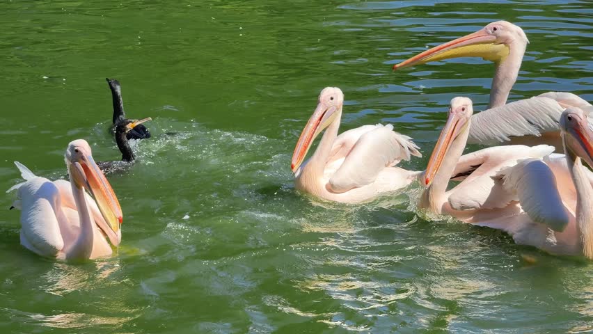 Flock of white pelicans actively catching and eating fish in water, splashing and hunting together