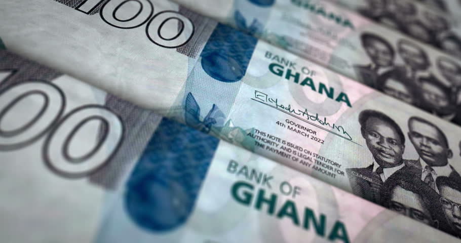 Ghana Cedi Ghanaian money banknote loop. 100 GHC money texture. Concept of economy, business, crisis, banking, recession, debt and finance. Moving over note loopable seamless 3d.