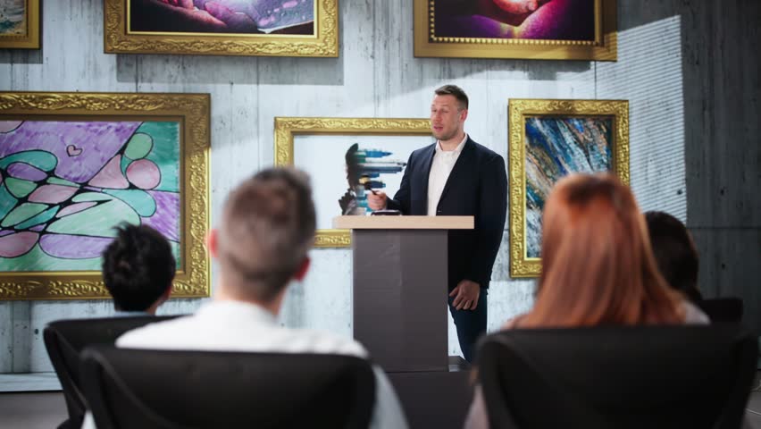 Art Auction Event. Abstract Artwork Paintings On Sale