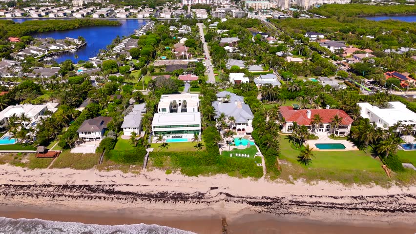 Mansions on the beach. Aerial video Boynton Beach Florida waterfront realty