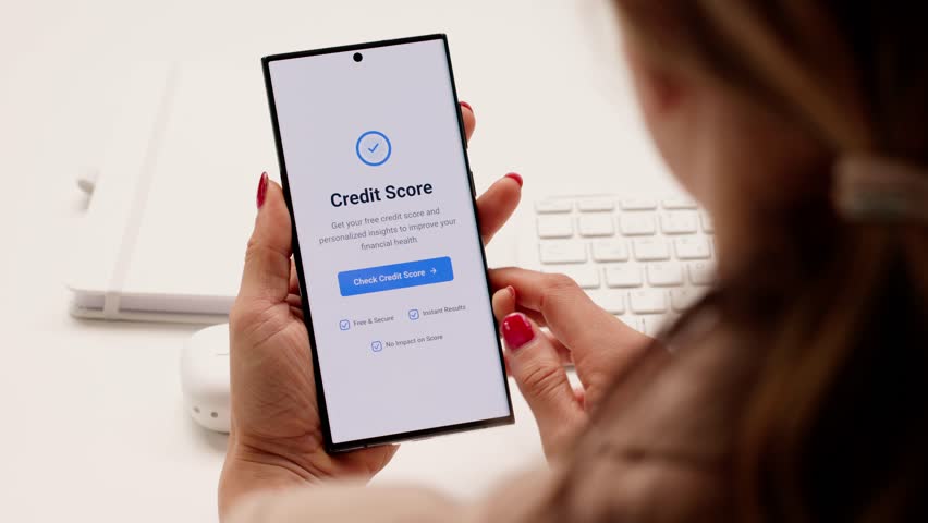 Woman Holding Phone With Good Credit Score And Debt Reduction