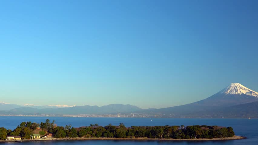 Mount fuji and enoshima island with a clear blue sky in kanagawa, japan