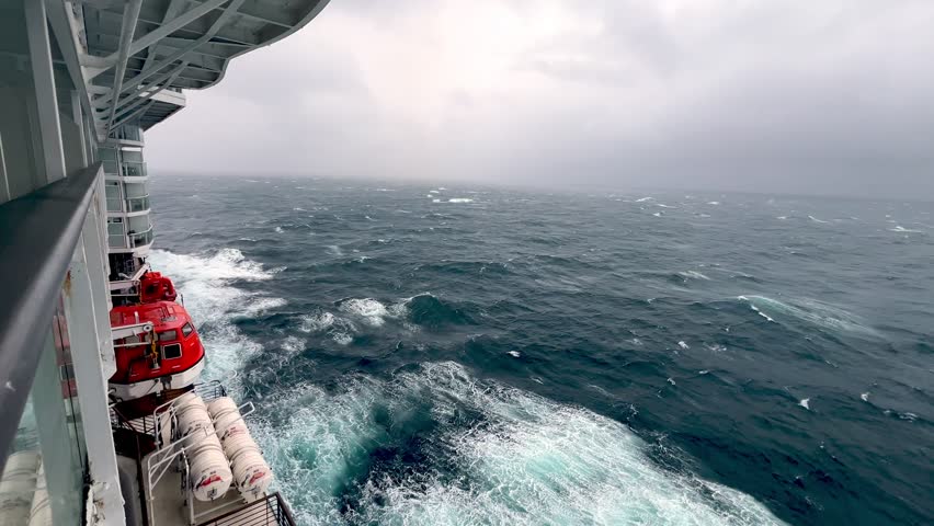 life boats on cruise ship in rough seas off the alaska coast in the bering sea
