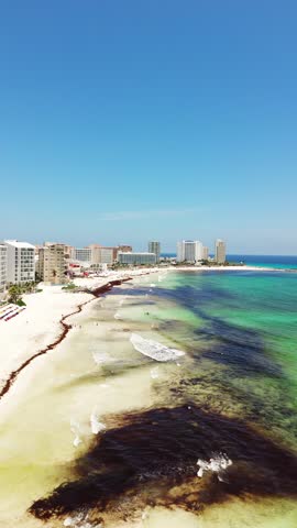 Aerial panoramic view of Cancun, Mexico. Beautiful beach area with luxury hotels