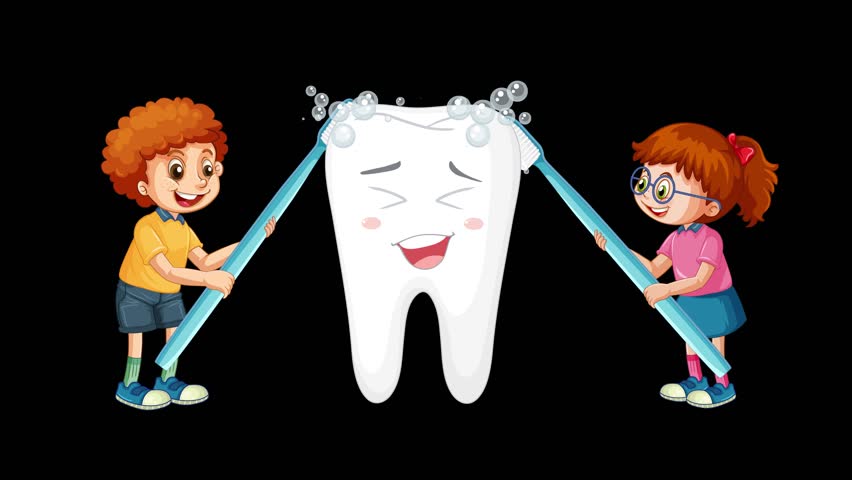 Two children use oversized toothbrushes to clean a smiling cartoon tooth, with animated bubbles and expressive facial changes on a black background