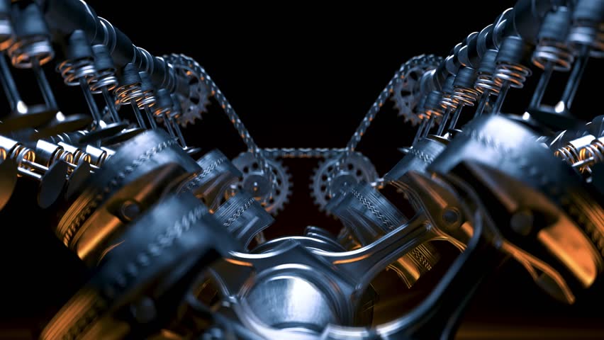3D Animation of Engine Mechanism in Motion with Pistons, Valves and Gears. Internal Combustion Cinematic Rendered in Blue and Orange Lighting. Modern Industrial Background Footage 4k