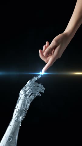Artificial Intelligence Background Robotic and Human Hands Reaching to Touch with Glowing Light. Symbol of Futuristic Technology, Digital Innovation, Machine Cognition, Cybernetic Advanced Engineering