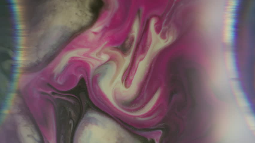 Blur glitter spill. Prism fluid. Pink white black shimmering liquid grunge leak on round arch lens glow abstract background paint color mix.