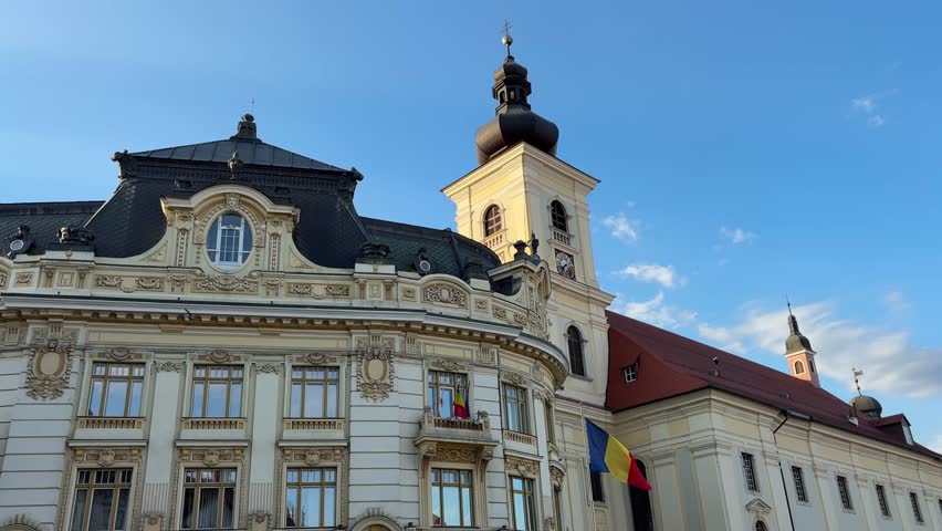 Holy Trinity Jesuit Church and Sibiu City Hall in daylight, Static handheld