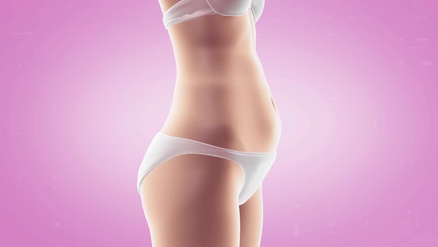 Woman lose weight by burning belly fat, fat cells burning, obese people become slimmer, fitness and body shaping, body management solution, 3D animation.	