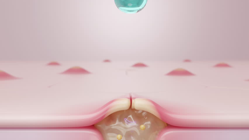 Acne treatment animation, BHA salicylic acid serum dissolving sebum and cleansing p acnes bacteria in a pore. conceptual 3D footage, close up.