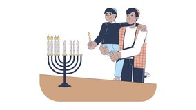 Jewish father and son lighting menorah cartoon animation. Hanukkah candles. Shared tradition. Holiday bonding. Family moment animated flat 2D characters 4K video isolated on white, scene storytelling - Powered by Shutterstock - Get 15% off with code: PIKWIZARD15