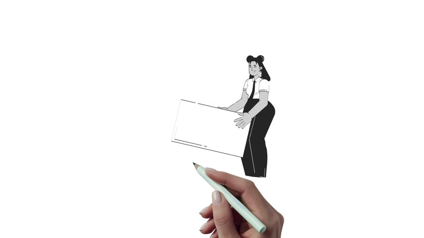 Latina businesswoman bending to lift heavy block outline hand drawn 2D character animation. Hispanic female professional manual work animated person handdrawn isolated. Doodle drawing 4K video