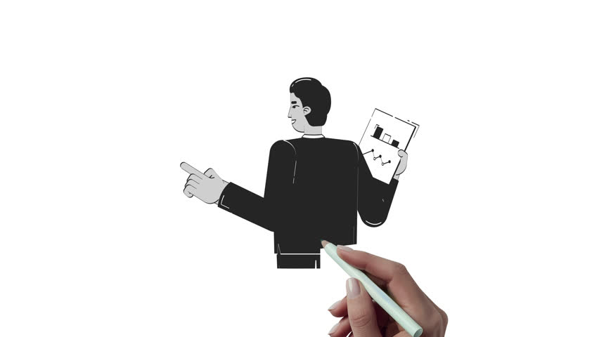 Indian businessman holds business chart document outline hand drawn 2D character animation. South asian male professional explaining report animated person handdrawn isolated. Doodle drawing 4K video