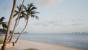 Peaceful tropical beach with leaning palm trees, calm blue sea, and soft sky at sunrise, creating a serene and relaxing coastal atmosphere. - Powered by Shutterstock - Get 15% off with code: PIKWIZARD15