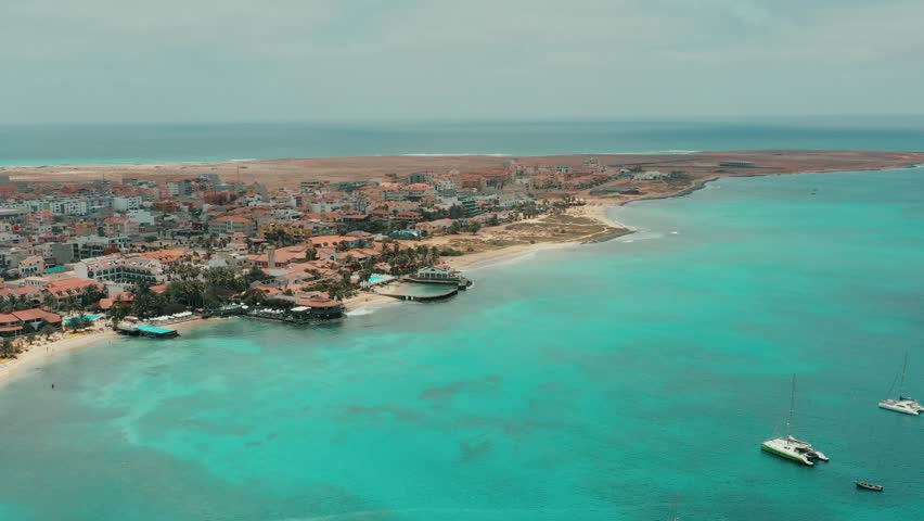 Beachfront Hotels At Santa Maria Resort In Cabo Verde, Sal Island, Africa. Aerial Drone Shot