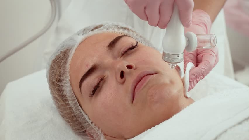 Beautician woman using oxygen infusion facial machine at wellness center. Patient receiving rejuvenating facial treatment. Procedure helping to deeply hydrate and revitalize skin