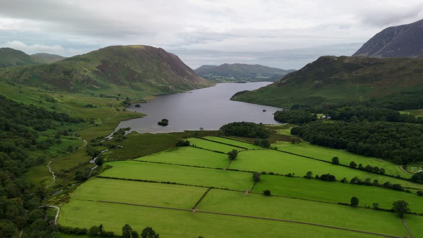 An aerial perspective of Buttermere, Lake District in England. Buttermere and Crummock Water on an overcast day.