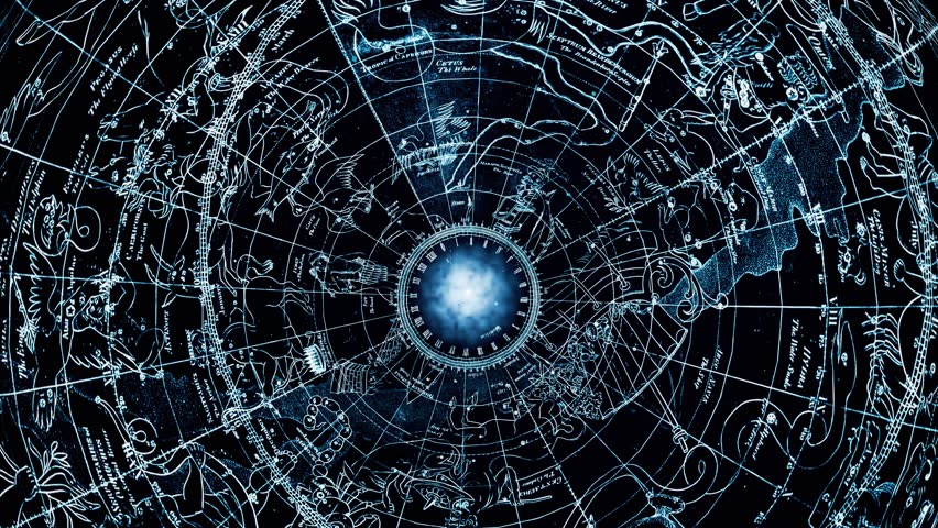 Ancient zodiac signs rotating in the starry sky. The concept of compiling horoscopes, astrology and symbols. 3D animation background.