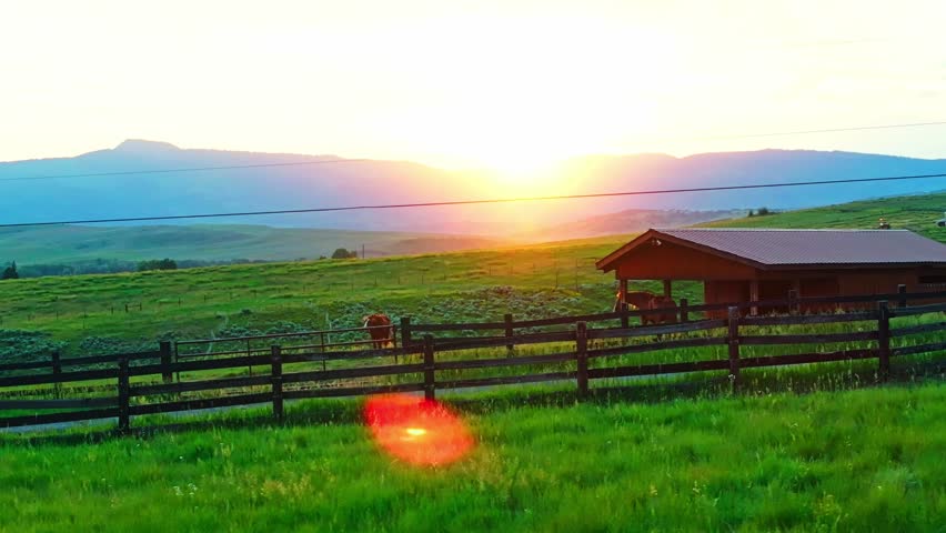 Drone orbits barn with horses grazing with vibrant pink-orange sunset over forested Steamboat Springs ridges with soft glowing horizon