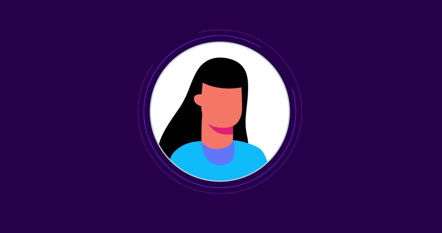 Woman simple white circle black long hair rotating isolated. Animated cartoon business video infographic motion design explainer style female character rotation flat design animation people preset 