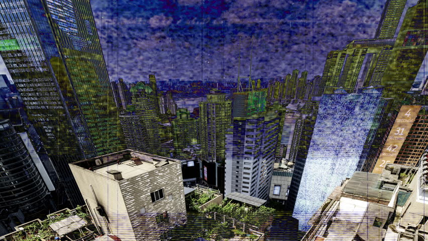 futuristic technology city with overlayed code and computing data on the buildings