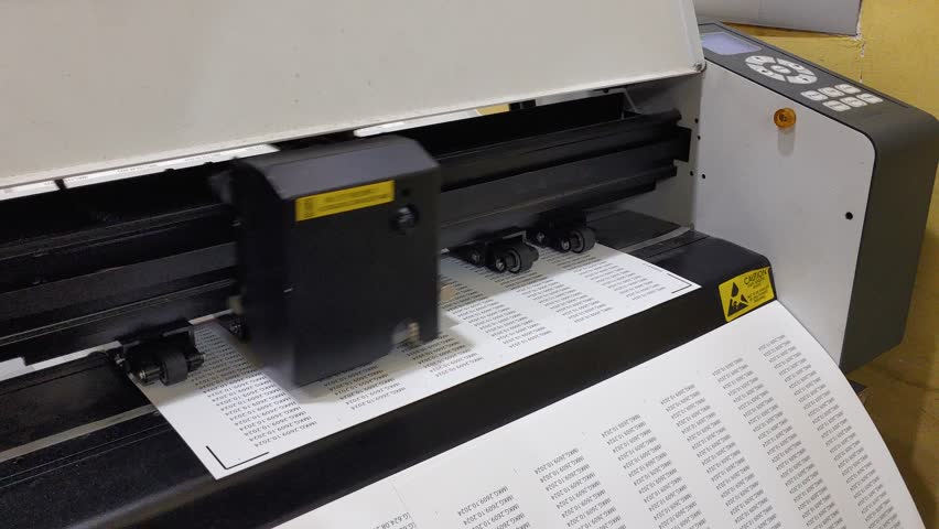 A plotter cutting machine cuts vinyl stickers with precision. The machine head moves left and right.