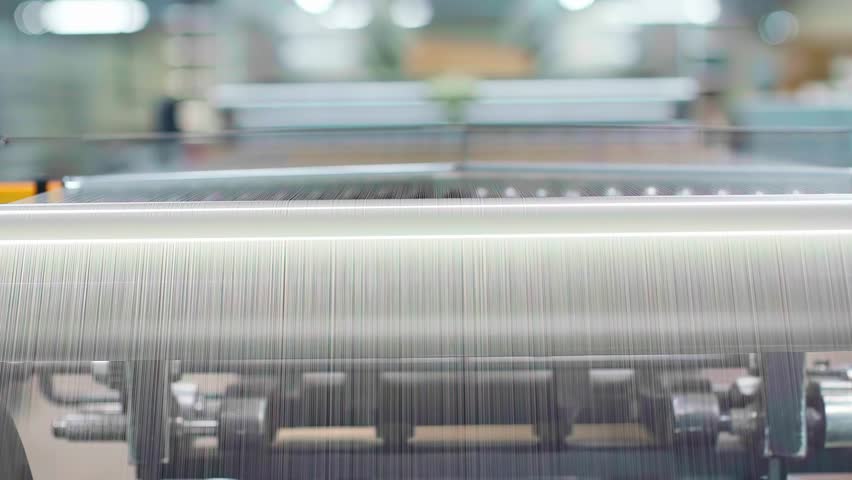 A close-up shot shows a high-speed industrial loom automatically weaving thousands of fine white threads into fabric at a large textile manufacturing plant.