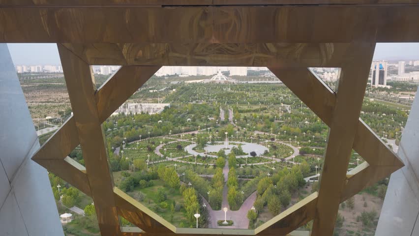 View of white marble city Ashgabat and park from Ferris Wheel, Turkmenistan