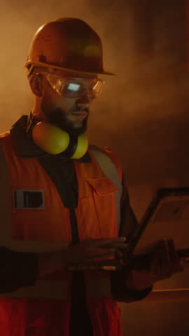 Vertical Screen: Industrial Factory Floor with Engineer Using Software on Computer with Active Foundry Work in the Background. Smelter Operators in Protective Fireproof Suits Pouring Melted Iron