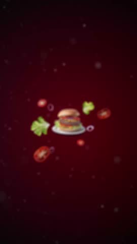 Cheeseburger Animation intro Promotion for advertising or marketing of hamburgers with cheese, beef, bacon and fresh vegetables such as lettuce, tomato and onion - vertical video for price tag or sale