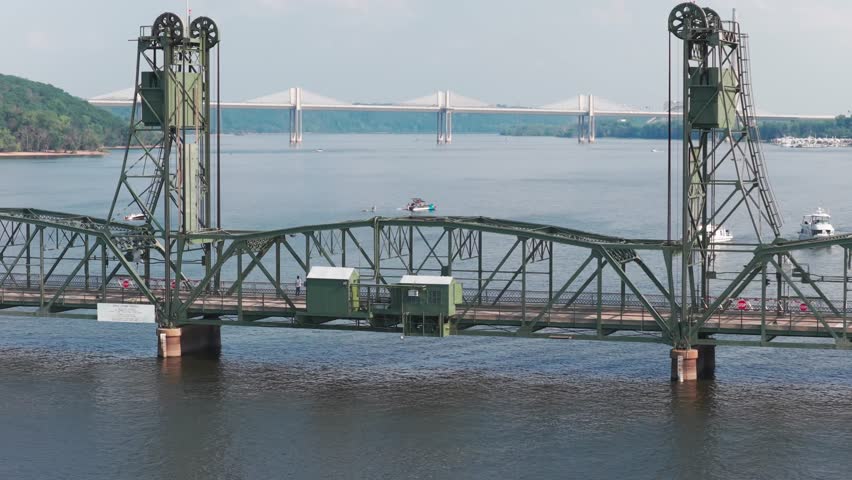 Aerial telephoto rising shot of the vertical life bridge and St. Croix Crossing in Stillwater, Minnesota. 4K