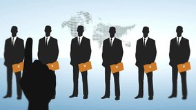 Silhouetted businessmen stand in a line, each with a briefcase, as a finger points towards them, suggesting selection or opportunity in the global business arena. - Powered by Shutterstock - Get 15% off with code: PIKWIZARD15