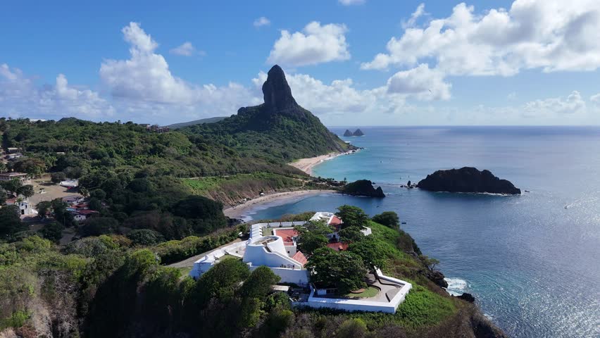 Aerial view of Forte de Noronha with Morro do Pico in the background, Fernando de Noronha, Brazil, combining cultural heritage and stunning natural scenery.