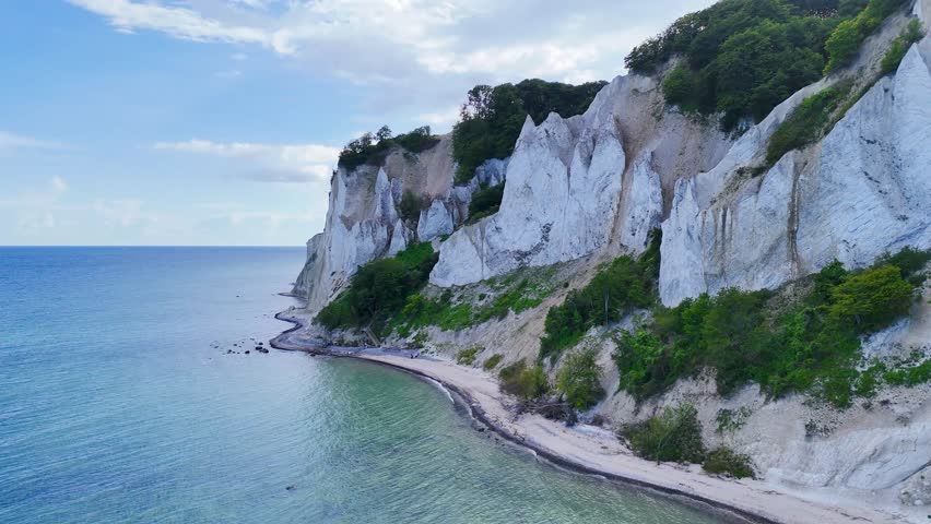 Aerial view of the cliffs of Mons Klint in Denmark near Copenhagen, on the Baltic Sea
