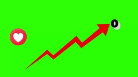 Red upward arrow with social media heart icon and number on green background, symbolizing growth, likes, popularity, and engagement in digital platforms or online success - Powered by Shutterstock - Get 15% off with code: PIKWIZARD15