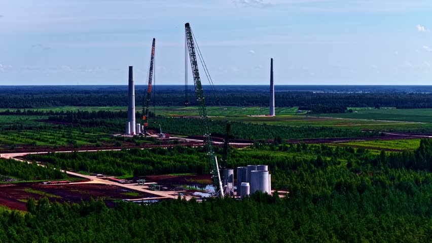 Construction and assembly of Lativa's biggest wind park farm near Jelgava in the Kaigu bog of the Līvbērzes near Jelgava - forward aerial approach