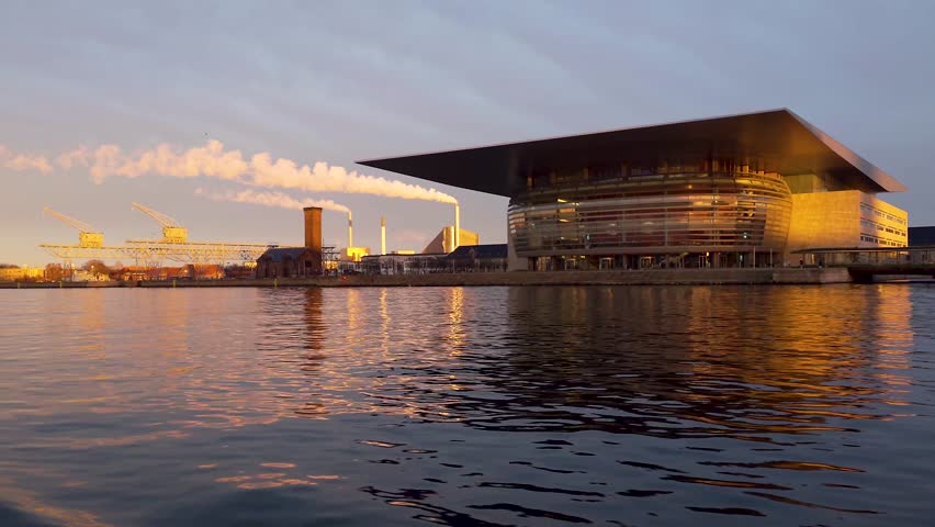 Sunset View Over The Opera House In Copenhagen, Denmark - POV