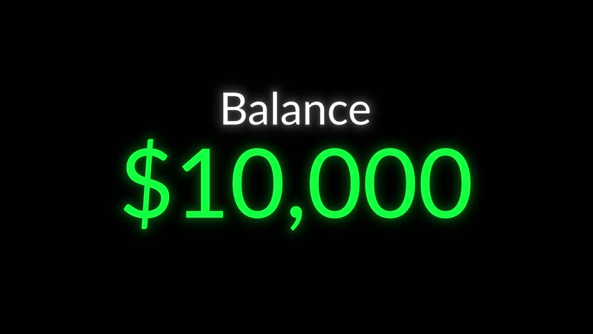 Balance amount decreasing from 10000 to 0 dollars on black background