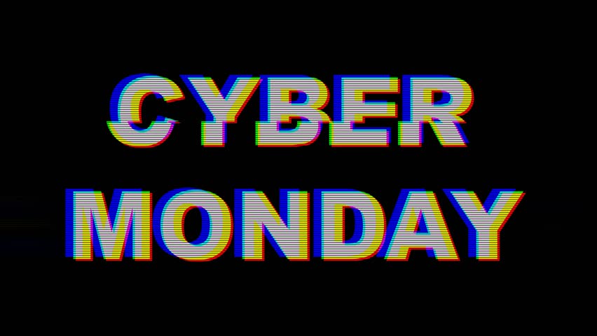 4k Loop animation of Cyber Monday Glitch text on black background, vibrant 90s design. Retro style, neon distortion. Sale banners, online shopping, digital marketing, modern 90s Y2K creative visuals