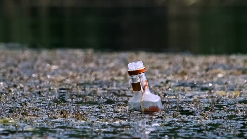 A single glass bottle, filled with a dark liquid, floats amidst green algae and debris on the surface of a contaminated pond, illustrating the impact of littering on natural habitats.