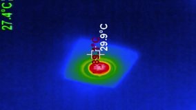 Top-down thermal camera view of an LED lamp on the ceiling actively heating up. The device radiates thermal energy, shown in red and yellow, with a Celsius scale measuring the heat output. - Powered by Shutterstock - Get 15% off with code: PIKWIZARD15