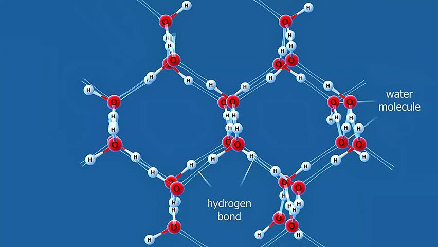 3D animation showing ice crystal molecules with hexagonal structure and detailed hydrogen bonding.