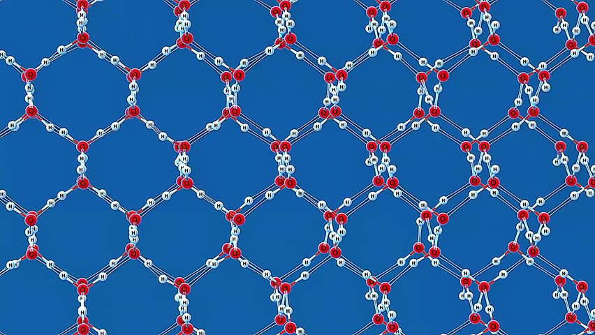 3D animation showing structure of ice with crystalline lattice, hydrogen bonds, and molecular arrangement.