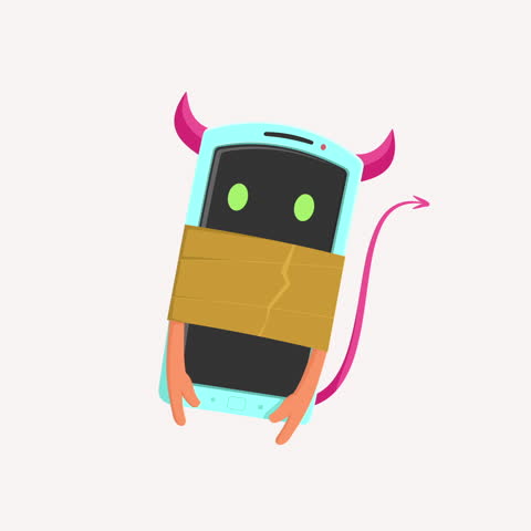 animated footage of a demon in the form of a cellphone tied up and struggling