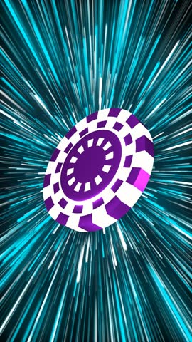 Purple casino chip rotating on abstract glowing background with neon light effects, seamless loop for gambling promos, poker intros and stylish motion graphics. 3D animation