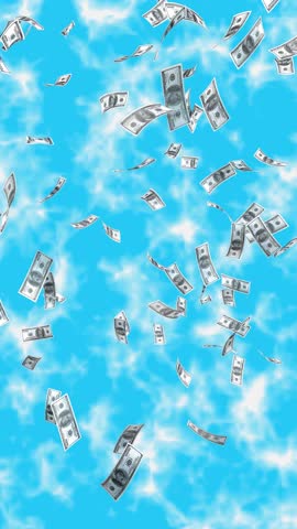 US dollar bills falling through blue sky with clouds; smooth seamless loop for finance promos, banking intros and jackpot visuals. 3D animation