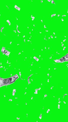 Dollar bills scatter across a green screen chroma key background; clean keyable clip for finance promos, money effects and editing overlays. 3D animation