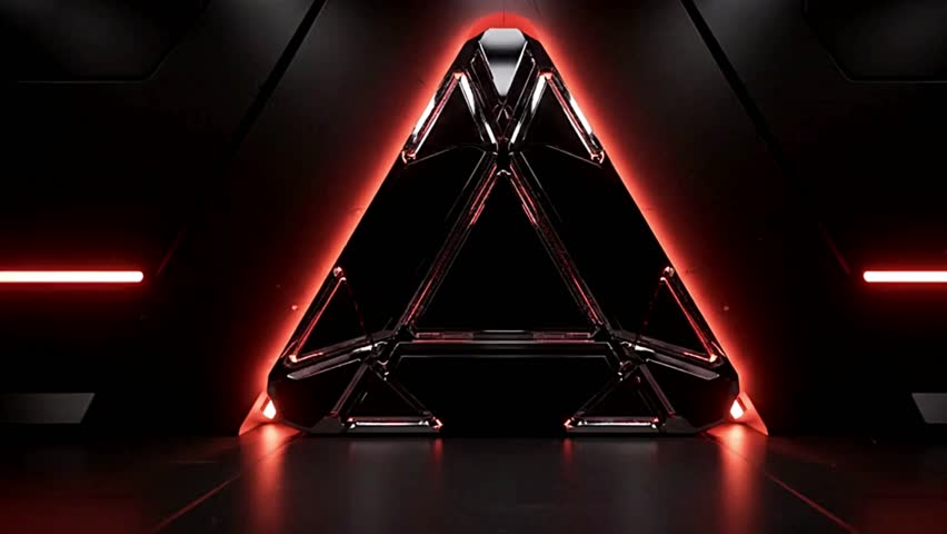 Cinematic sci-fi animation of a triangular gate with glowing red panels that activate to green, opening into a white light portal for a seamless futuristic transition.